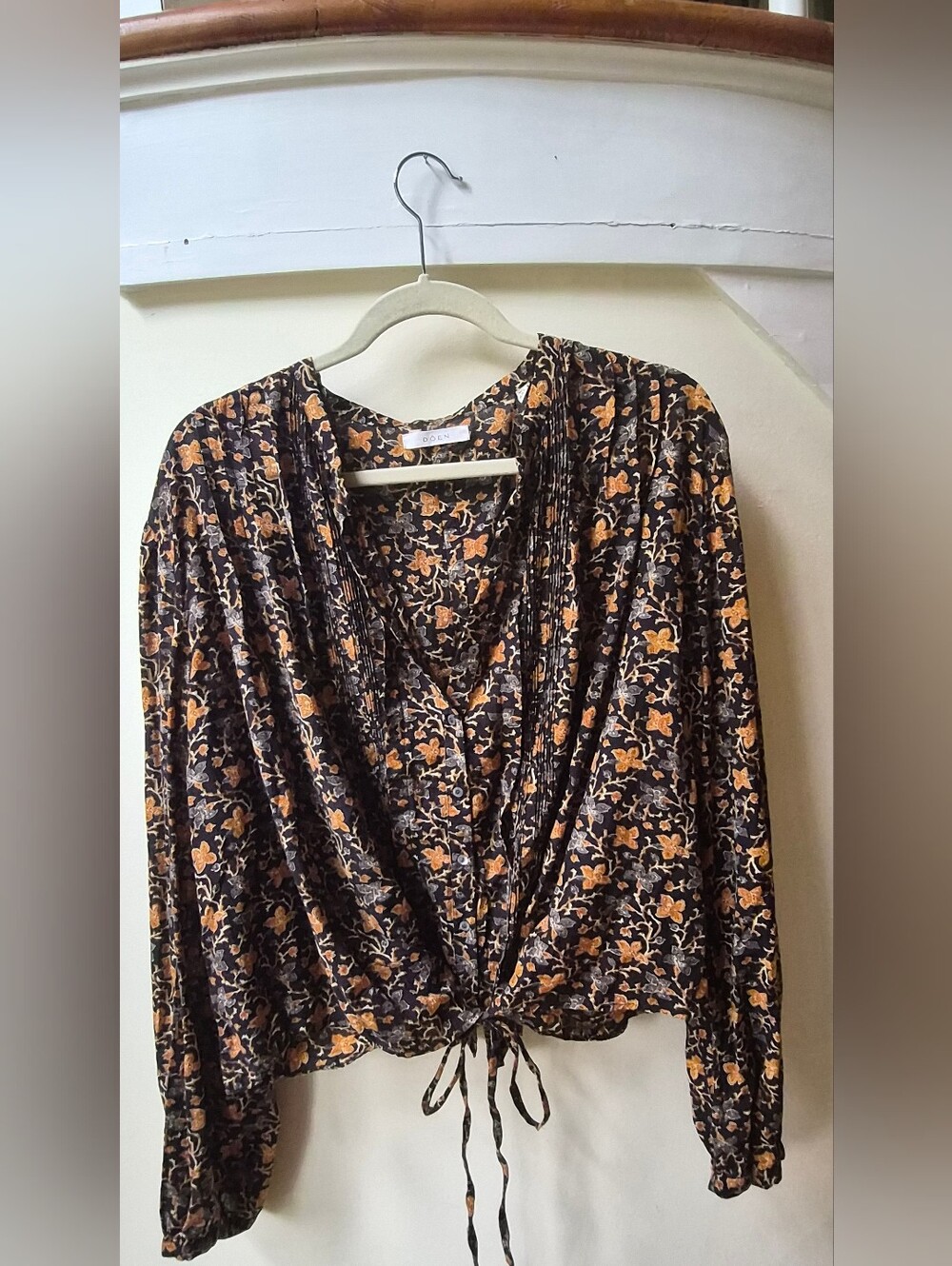 DÔEN Floral Tie Front Blouse Black Orange Pintuck Top XXL
